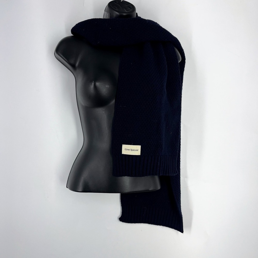 Oliver Spencer Mens Navy Blue Textured Knit Winter Scarf Ribbed Trim Designer